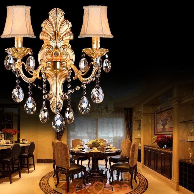 Luminária de parede europeia Golden Petal Wall Sconce Exquisite Crystal Drops Light Iluminação de cabeceira