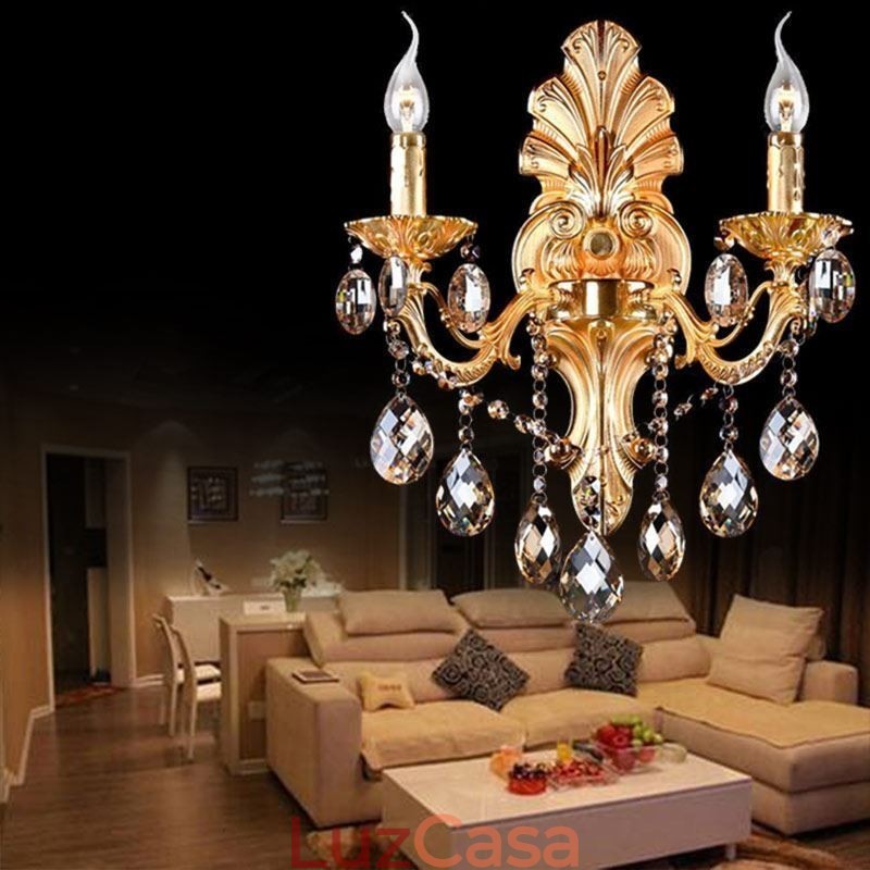 Luminária de parede europeia Golden Petal Wall Sconce Exquisite Crystal Drops Light Iluminação de cabeceira