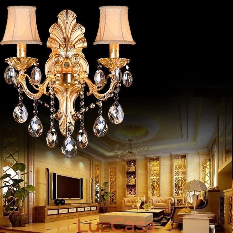 Luminária de parede europeia Golden Petal Wall Sconce Exquisite Crystal Drops Light Iluminação de cabeceira