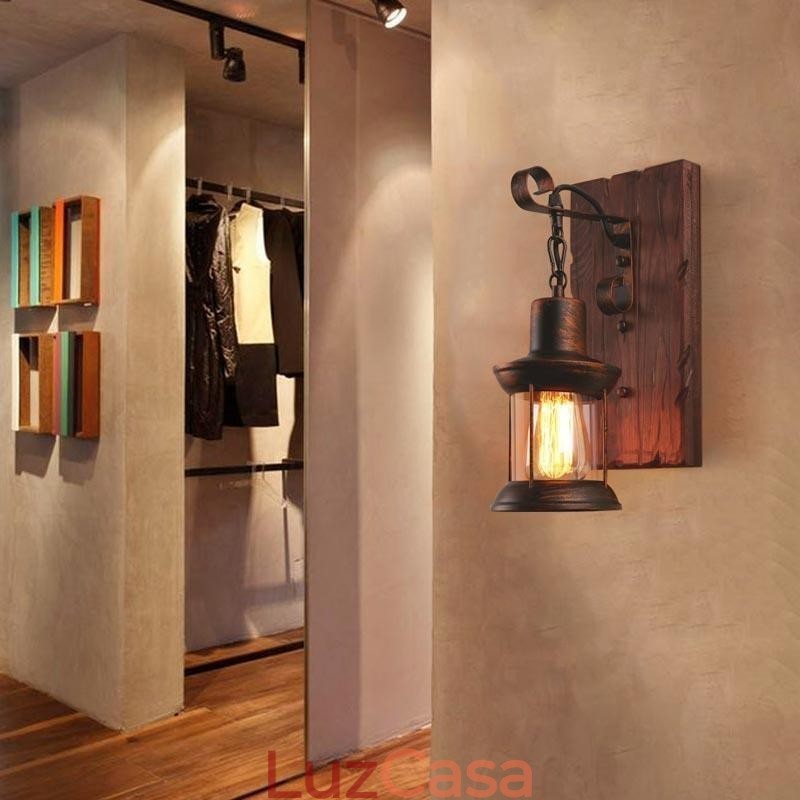 Luminária de parede vintage americana industrial LOFT, luminária de parede em madeira maciça e vidro