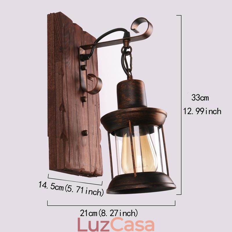 Luminária de parede vintage americana industrial LOFT, luminária de parede em madeira maciça e vidro
