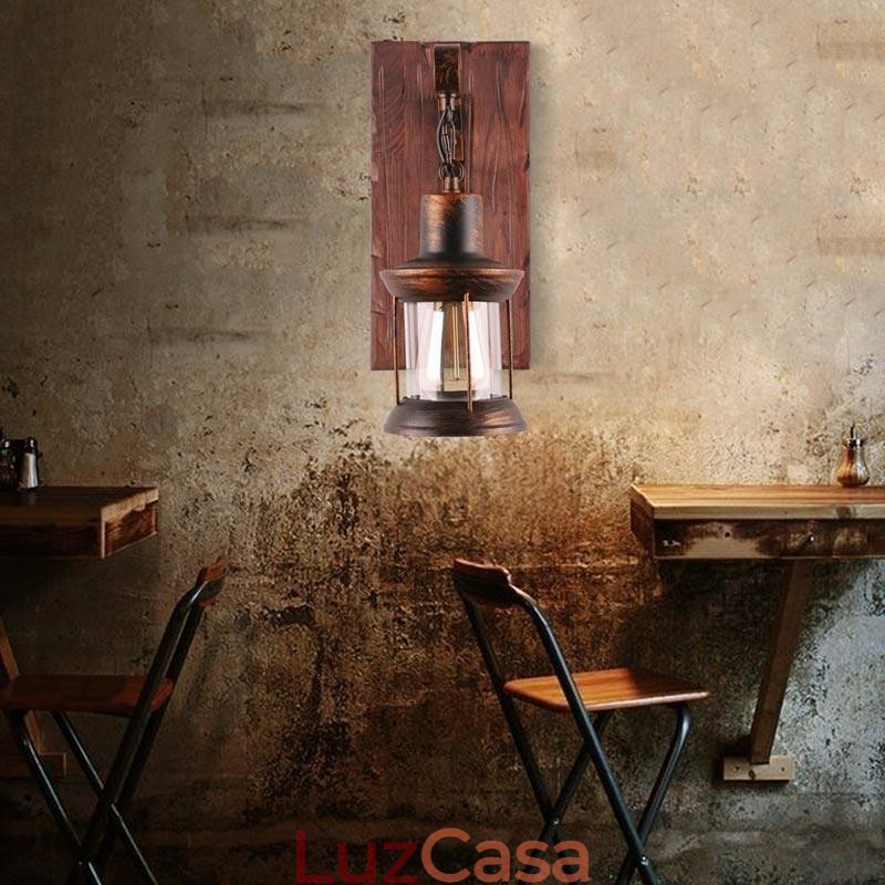 Luminária de parede vintage americana industrial LOFT, luminária de parede em madeira maciça e vidro