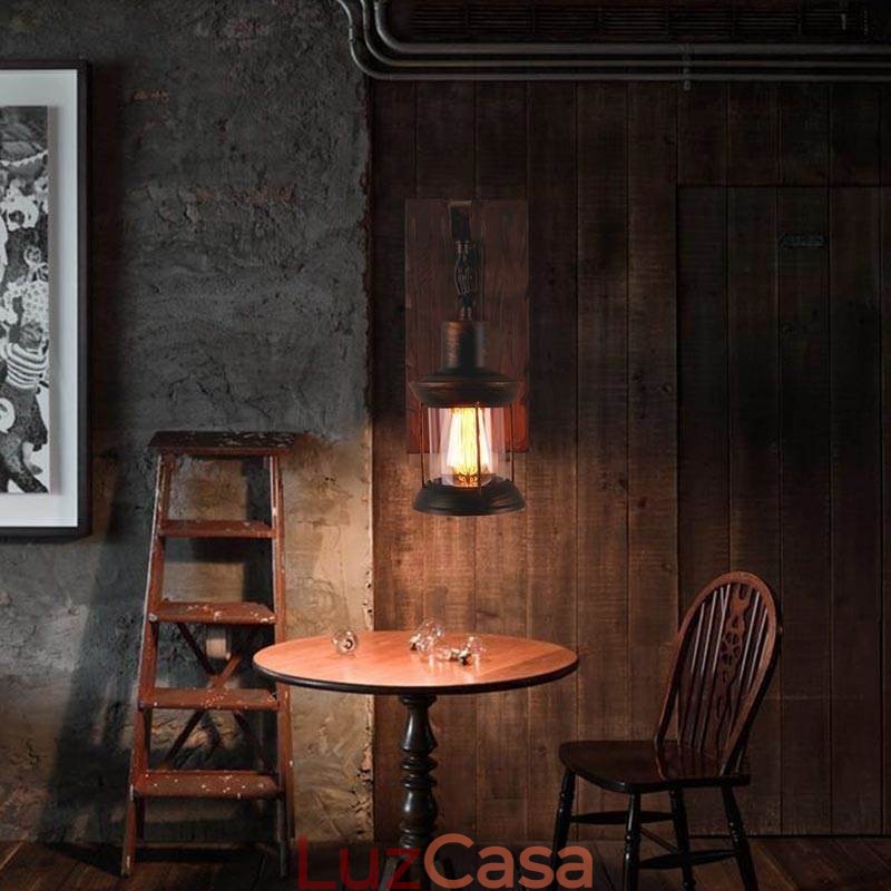 Luminária de parede vintage americana industrial LOFT, luminária de parede em madeira maciça e vidro