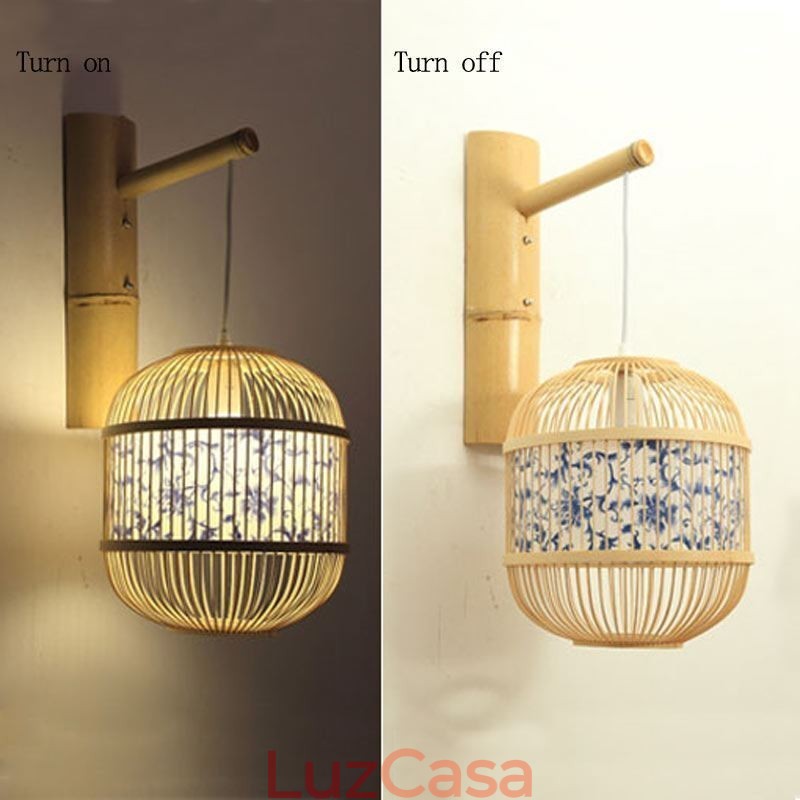 Luminária de parede com design de gaiola Luminária de parede de bambu criativa para pendurar na cabeceira Luz decorativa