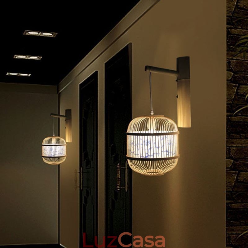 Luminária de parede com design de gaiola Luminária de parede de bambu criativa para pendurar na cabeceira Luz decorativa