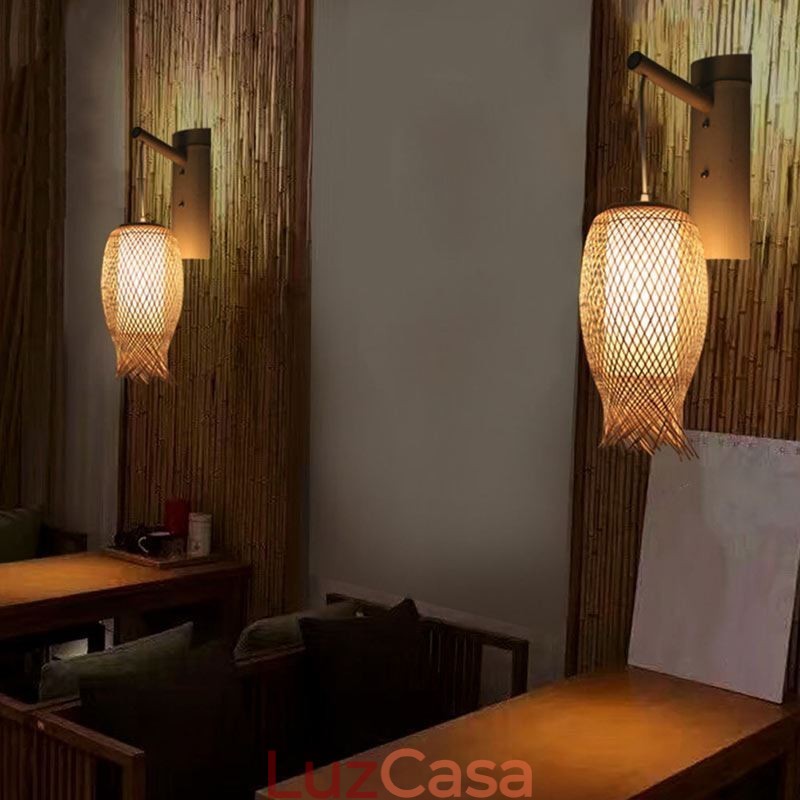 Luminária de parede de bambu descendente, arandela redonda rural, cabeceira, casa de chá, luz criativa