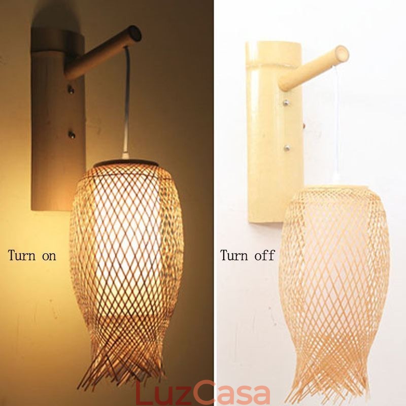 Luminária de parede de bambu descendente, arandela redonda rural, cabeceira, casa de chá, luz criativa