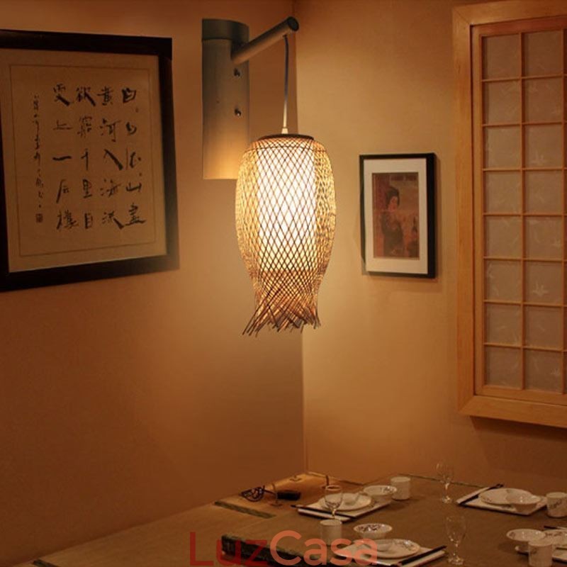 Luminária de parede de bambu descendente, arandela redonda rural, cabeceira, casa de chá, luz criativa