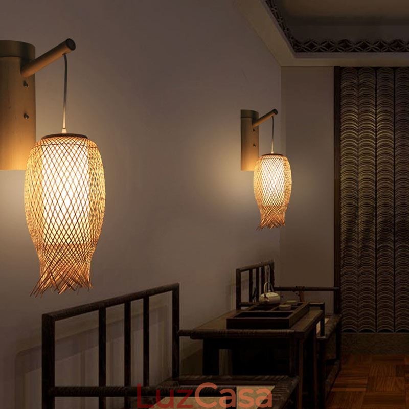 Luminária de parede de bambu descendente, arandela redonda rural, cabeceira, casa de chá, luz criativa