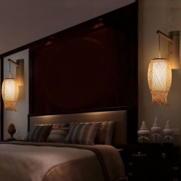 Luminária de parede de bambu descendente, arandela redonda rural, cabeceira, casa de chá, luz criativa