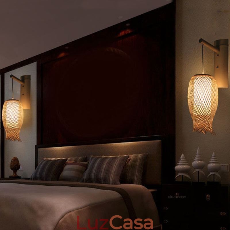 Luminária de parede de bambu descendente, arandela redonda rural, cabeceira, casa de chá, luz criativa