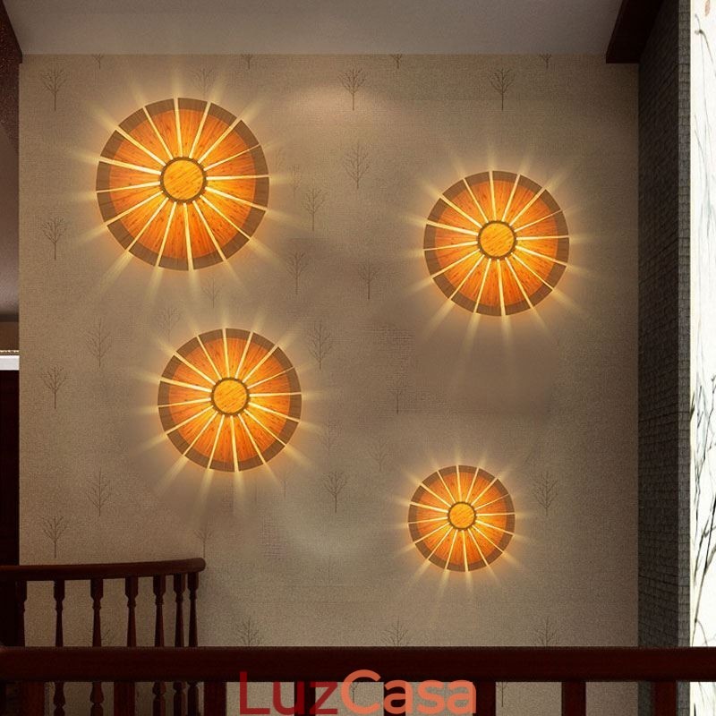 Arandela de parede redonda com flores Luz de parede de bambu exclusiva Iluminação decorativa criativa