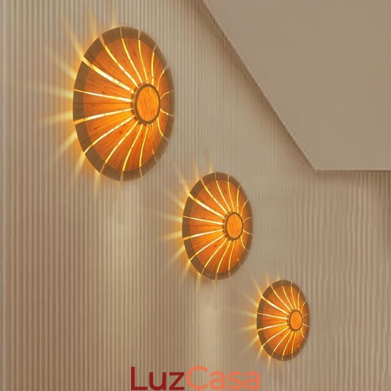 Arandela de parede redonda com flores Luz de parede de bambu exclusiva Iluminação decorativa criativa