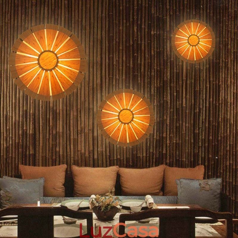 Arandela de parede redonda com flores Luz de parede de bambu exclusiva Iluminação decorativa criativa