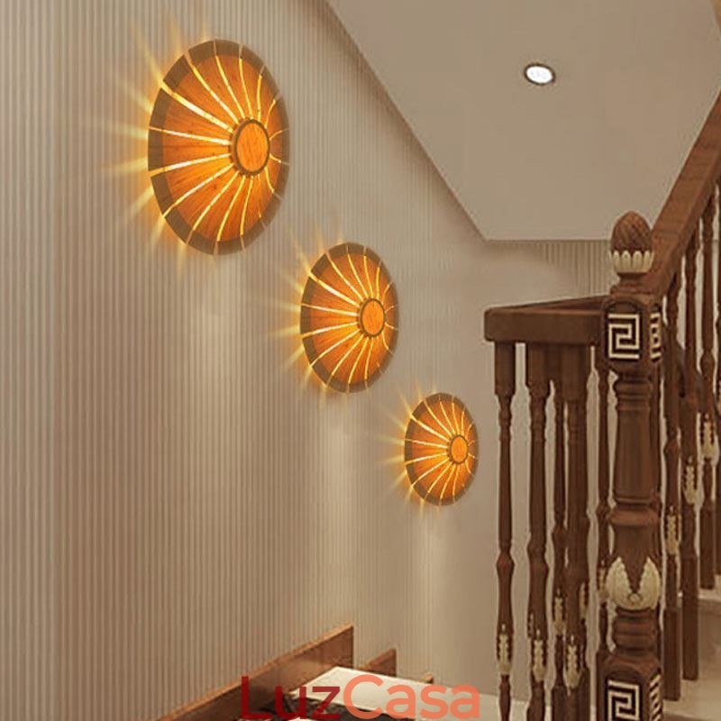 Arandela de parede redonda com flores Luz de parede de bambu exclusiva Iluminação decorativa criativa