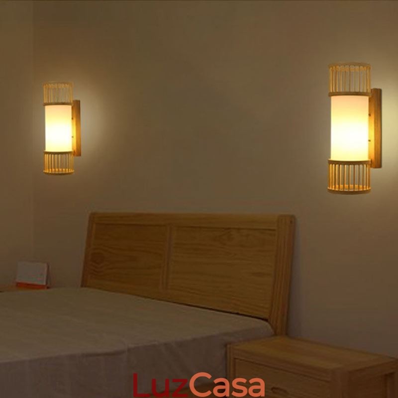 Luminária de parede vertical de bambu, luminária de parede redonda criativa, iluminação de cabeceira e escadas