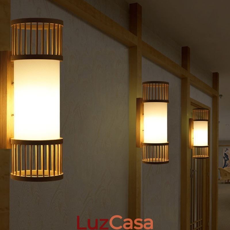 Luminária de parede vertical de bambu, luminária de parede redonda criativa, iluminação de cabeceira e escadas