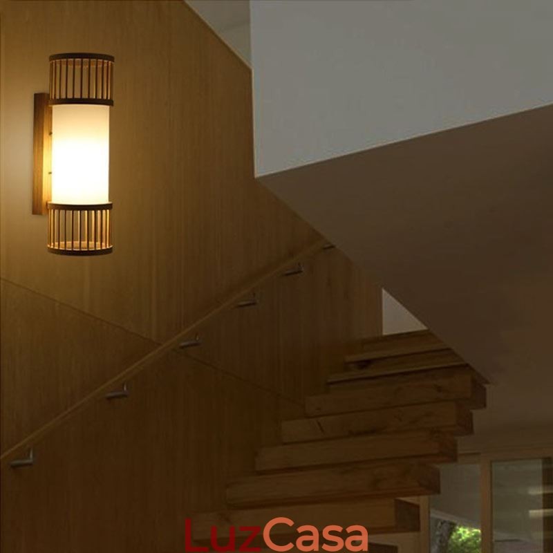 Luminária de parede vertical de bambu, luminária de parede redonda criativa, iluminação de cabeceira e escadas