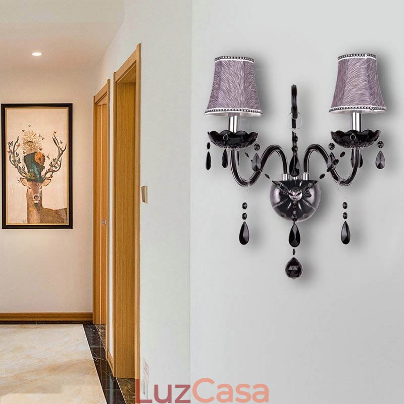 Aplique de cristal estilo europeu, preto, duas velas, luz de parede