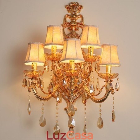 Luminária de parede europeia de cristal de luxo em liga de zinco com cinco luzes para corredor Luminária de parede europeia de cristal de luxo em liga de zinco com cinco luzes para corredor