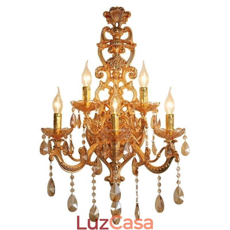 Luminária de parede europeia de cristal de luxo em liga de zinco com cinco luzes para corredor