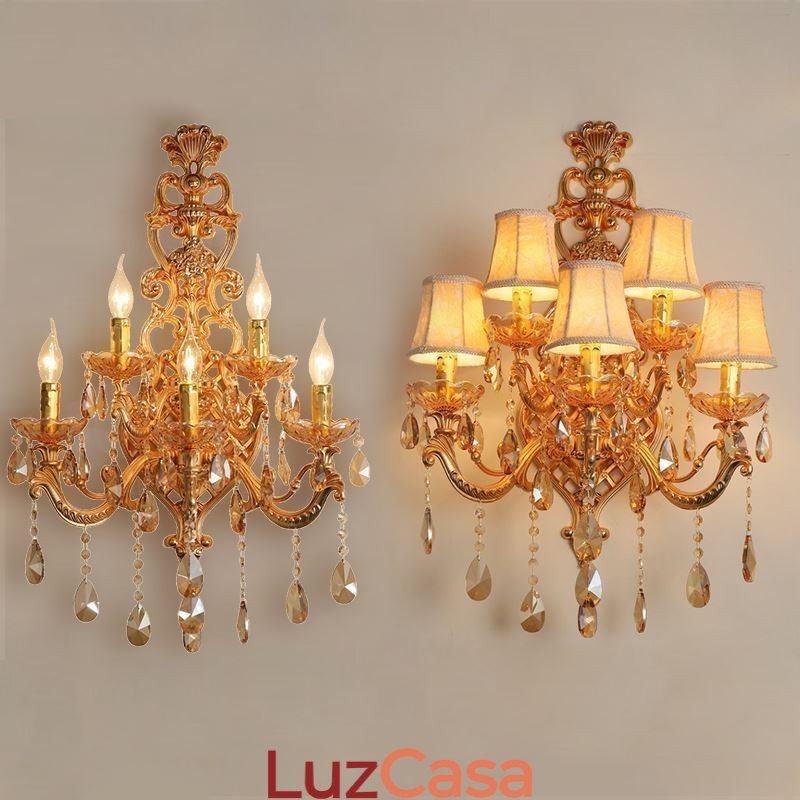 Luminária de parede europeia de cristal de luxo em liga de zinco com cinco luzes para corredor