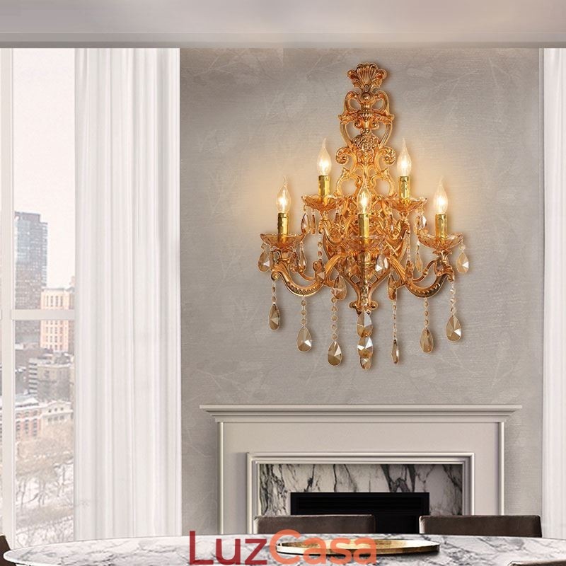 Luminária de parede europeia de cristal de luxo em liga de zinco com cinco luzes para corredor