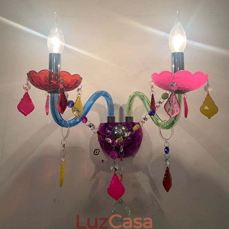 Luminária de parede europeia de duas luzes de cristal colorido para corredor