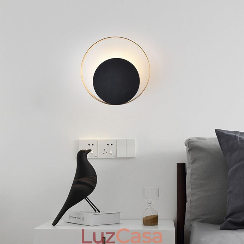 Luminária de parede estilo moderno, arandela circular preta, lâmpada criativa, iluminação de cabeceira