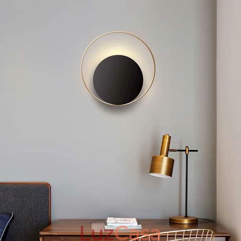 Luminária de parede estilo moderno, arandela circular preta, lâmpada criativa, iluminação de cabeceira