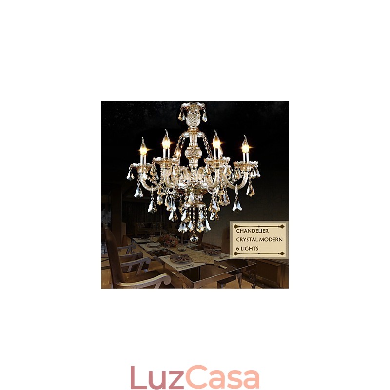 Lustre Cor Cognac Cristal Moderno 6 Luzes Contemporâneo Vidro