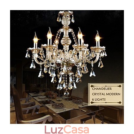 Lustre Cor Cognac Cristal Moderno 6 Luzes Contemporâneo Vidro