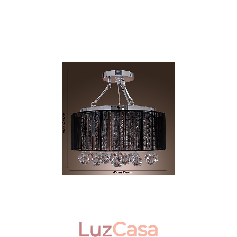 Luminária de parede de cristal moderna embutida com 5 luzes e abajur de tecido preto
