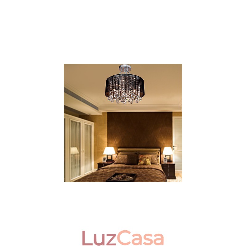 Luminária de parede de cristal moderna embutida com 5 luzes e abajur de tecido preto