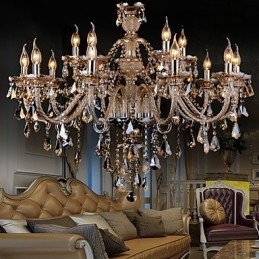 Lustre de cristal cor conhaque luxo moderno 2 níveis sala de estar 15 luzes