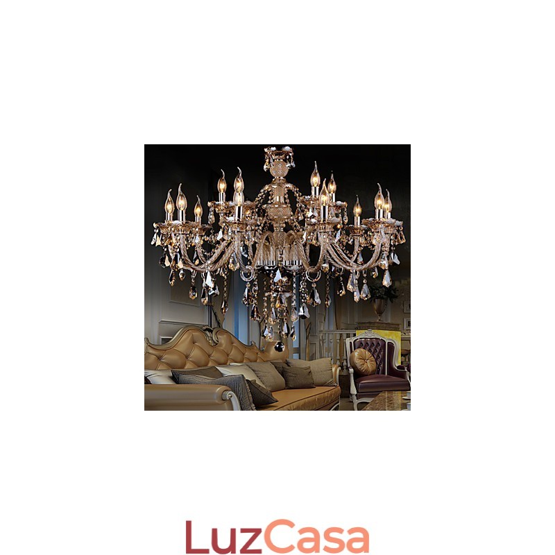 Lustre de cristal cor conhaque luxo moderno 2 níveis sala de estar 15 luzes