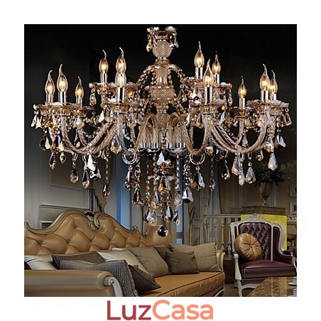 Lustre de cristal cor conhaque luxo moderno 2 níveis sala de estar 15 luzes Lustre de cristal cor conhaque luxo moderno 2 níveis sala de estar 15 luzes