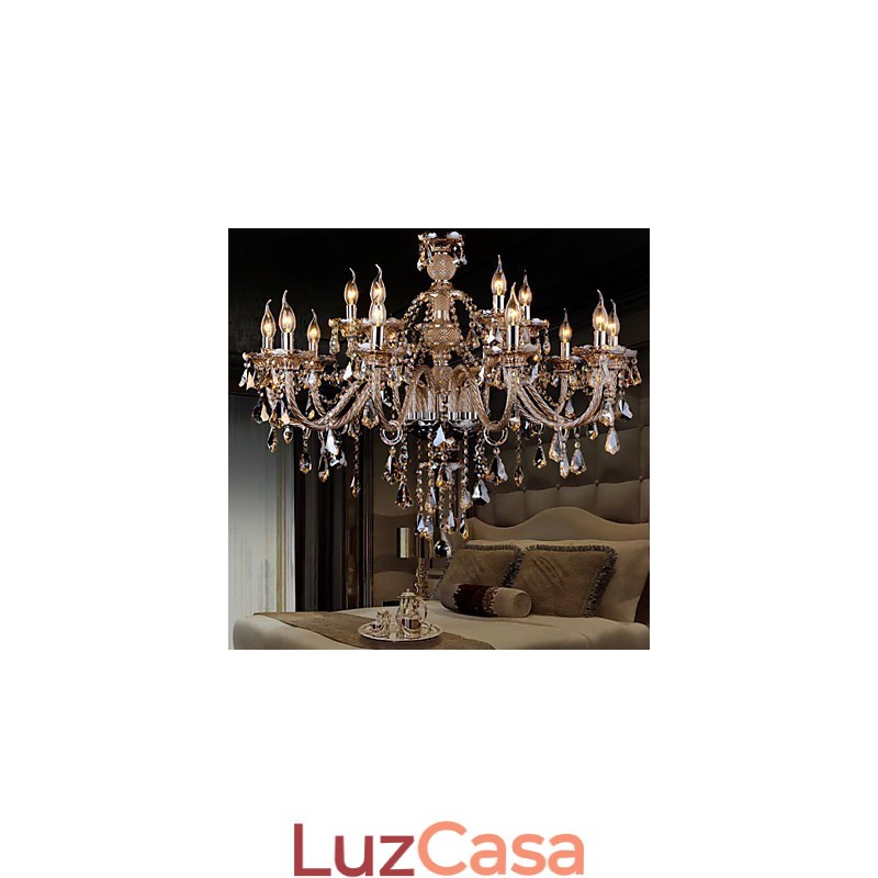 Lustre de cristal cor conhaque luxo moderno 2 níveis sala de estar 15 luzes