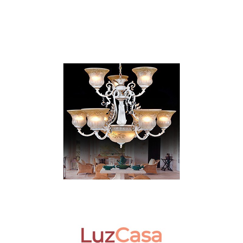 Lustre Branco Doze Luzes Padrão Vidro Sombra Mão Dourado Europeu Retro Clássico