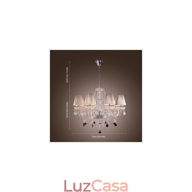 Lustre de cristal de luxo moderno, 8 luzes com sombra de tecido