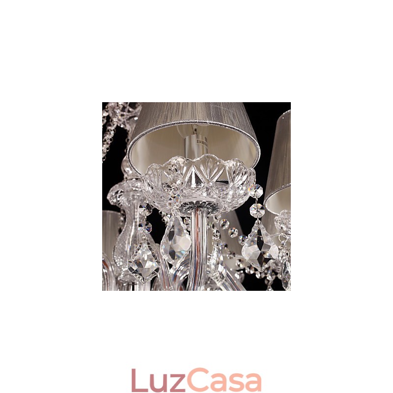 Lustre de cristal de luxo moderno, 8 luzes com sombra de tecido