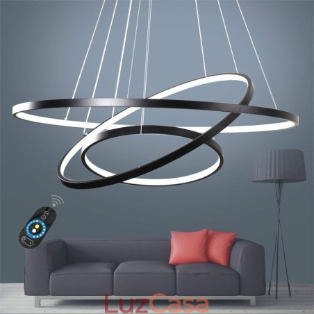 Luminária pendente regulável com controle remoto, design moderno, três anéis Luminária pendente regulável com controle remoto, design moderno, três anéis