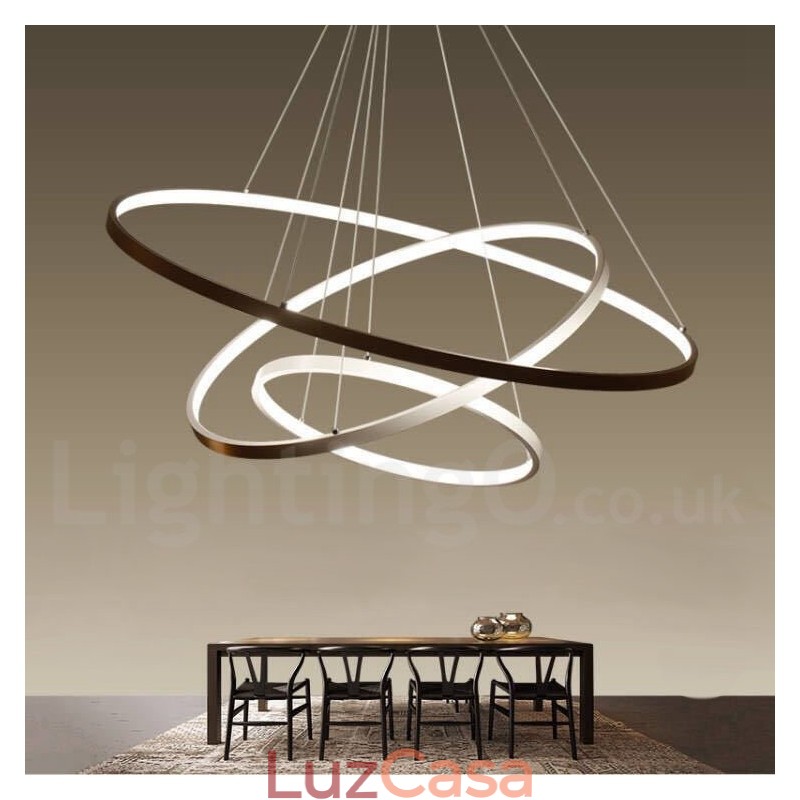Luminária pendente regulável com controle remoto, design moderno, três anéis