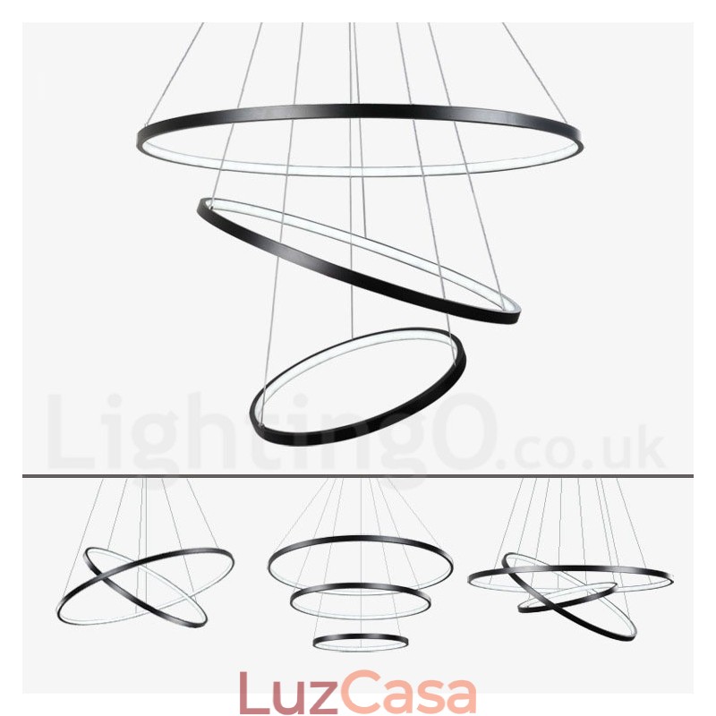 Luminária pendente regulável com controle remoto, design moderno, três anéis