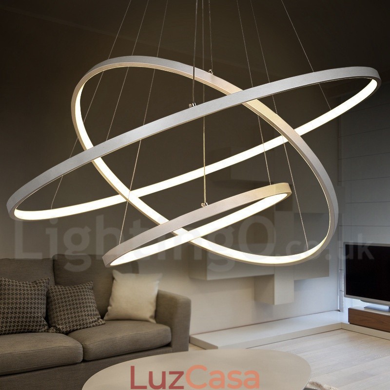 Luminária pendente regulável com controle remoto, design moderno, três anéis