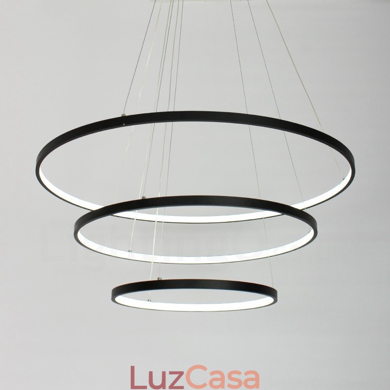 Luminária pendente regulável com controle remoto, design moderno, três anéis