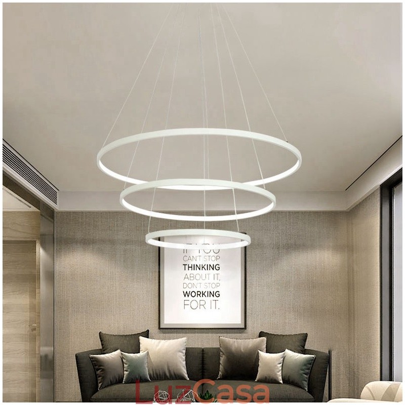 Luminária pendente regulável com controle remoto, design moderno, três anéis