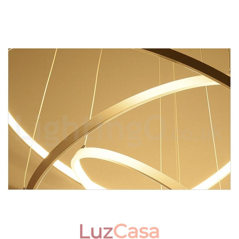 Luminária pendente regulável com controle remoto, design moderno, três anéis