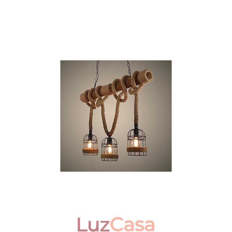 Lustre de corda de bambu retrô americano com três cabeças