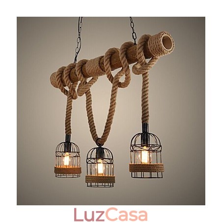 Lustre de corda de bambu retrô americano com três cabeças